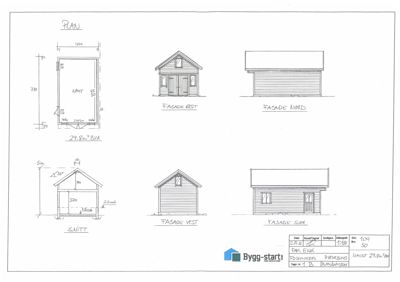 En tegning som viser etasjeplan (PLAN), fire fasader (FASADE ØST, FASADE NORD, FASADE VEST, FASADE SØR) og et snitt (SNITT) av en liten bygning.