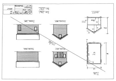 Fasadetegning med oppriss av bygning sett fra fire sider (N, S, E, V) samt et snitt (Snitt) og en plan (Plan).
