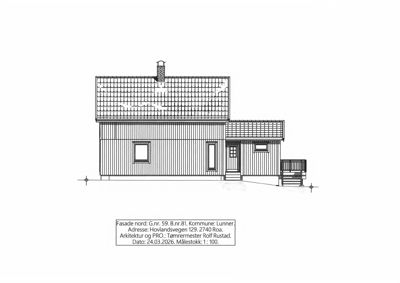 Fasadetegning av en bygning sett fra nord, med detaljer om tak, vinduer, dører og trapp. Tekstboks under angir adresse, arkitekt og dato.