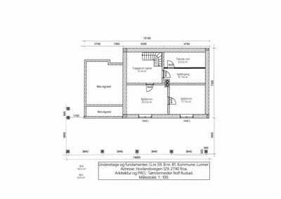 Plantegning av underetasje og fundament med romfordeling, dimensjoner og arealoppdelinger.