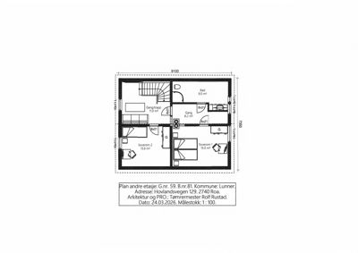 Etasjeplan for andre etasje med romfordeling, mål og funksjoner (soverom, bad, gang).
