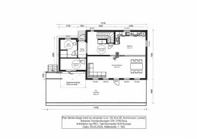 Etasjeplan for første etasje som viser romfordeling, dimensjoner og plassering av veranda.