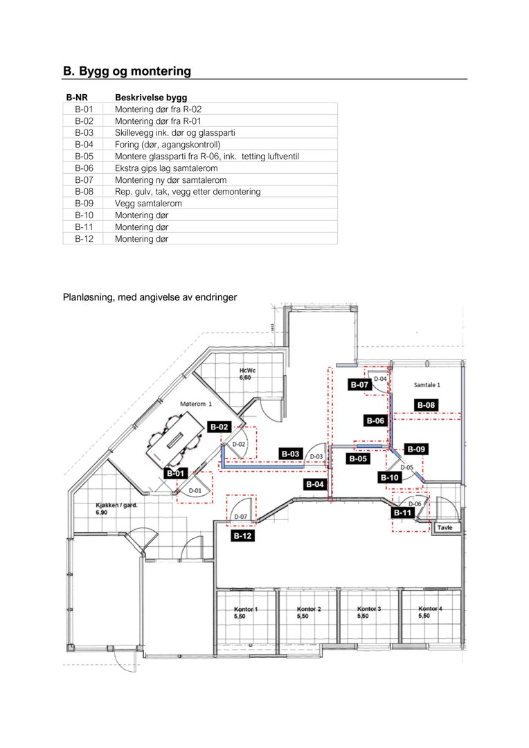 Etasjeplan (plantegning) som viser romfordeling, vegger og endringer i et bygg. Tegningen er merket med bokstaver (B-NR) som refererer til en liste over byggearbeider.