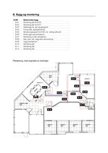 Etasjeplan (plantegning) som viser romfordeling, vegger og endringer i et bygg. Tegningen er merket med bokstaver (B-NR) som refererer til en liste over byggearbeider.