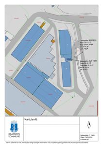 Kartutsnitt som viser tomtens beliggenhet i forhold til nabolag, veier og høydemål (konturlinjer).