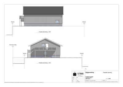 Tegning som viser fasadeopprikk (fra øst og sør) med terrengforhold, grenser og grunnmur.