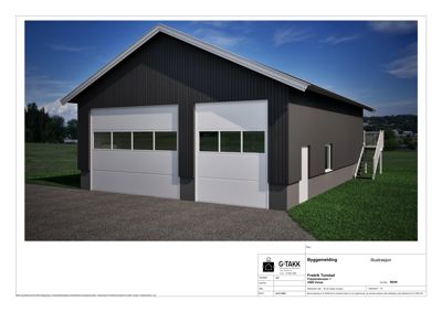 3D-visualisering (rendering) av en planlagt garasje med to port, fasade i mørke panel og trapp opp til etasjehøyde.