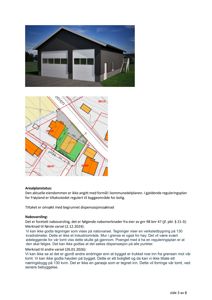 Fotografi av en planlagt verkstedbygning med garasjeporter og vinduer, samt en situasjonsplan under bygningen.