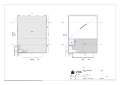 Etasjeplaner (1. etasje og Herre) med romfordeling, dimensjoner og stigningstegninger.