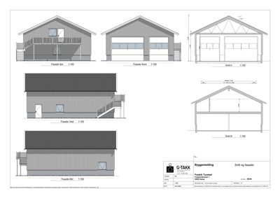 En tegning som viser fasadeoppsett (Sør, Nord, Vest, Øst) og snitt (A og B) for en bygning.