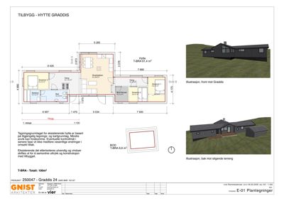 Etasjeplan (1. etasje) for en hytte med romfordeling, mål og en illustrasjon av fasaden.
