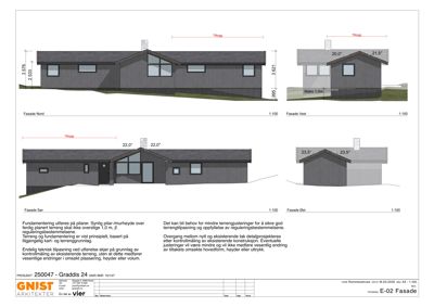 Fasadetegning som viser bygningens utseende fra fire sider (Nord, Sør, Øst, Vest) med mål og vinkler.