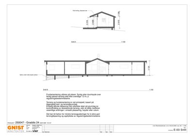 Snittegning (Snitt A og Snitt B) som viser tverrsnittet av en bygning med mål og konstruksjonsdetaljer.