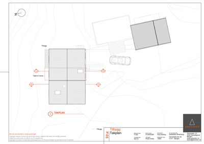 Takplan (P.01) som viser takets form, takrenner, takluker og tilhørende takoverbygg.