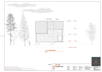 Fasadetegning som viser etasjeplaner, høyder og en tilbyggplan for en bolig.