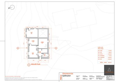 Plantegning av kjellerplan med romfordeling, dimensjoner og arealoppsett.