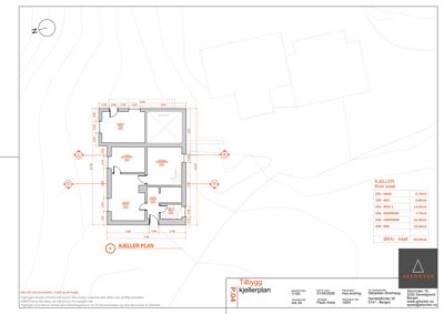 Plantegning av kjellerplan med romfordeling, dimensjoner og arealoppsummering.