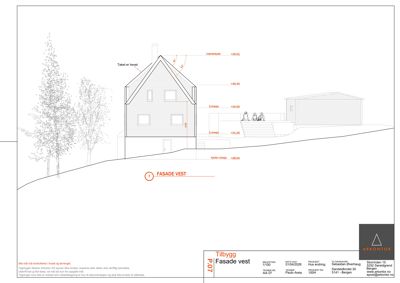 Fasadetegning av en bygning sett fra vest, med høydemål og etasjer.
