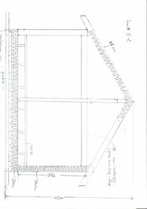 Snittegning (Snitt C-C) som viser tverrsnittet av en bygning med takkonstruksjon, veggtykkelse og dimensjoner.