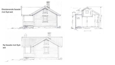Tegning som viser eksisterende og ny fasade mot Syd-øst, samt et snitt (SNITT A-A) av bygningen.