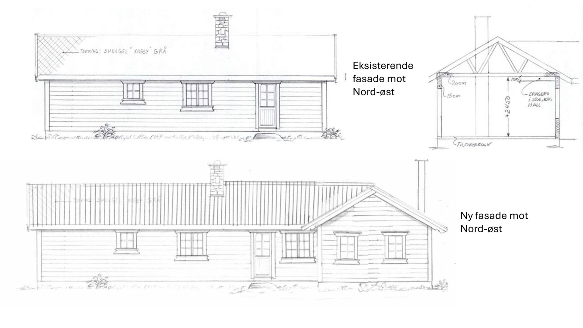 Tegning som viser eksisterende og ny fasade mot Nord-øst for en bygning.