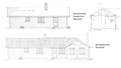 Tegning som viser eksisterende og ny fasade mot Nord-øst for en bygning.