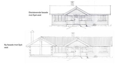 Tegning som viser eksisterende og ny fasade mot Syd-vest for en enebolig.