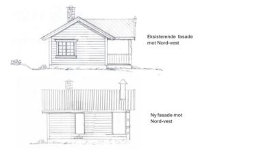 Tegning som viser eksisterende og ny fasade mot nord-vest for en bygning.