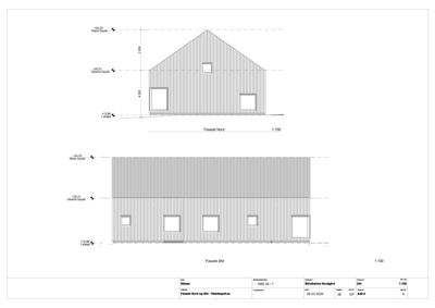 Tegning som viser fasadeoppsett for bygningens nord- og østside med vindus- og dørplasseringer.