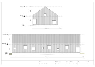 Fasadetegning som viser oppriss av bygningens nord- og østside med høydemål og vindusoppsett.