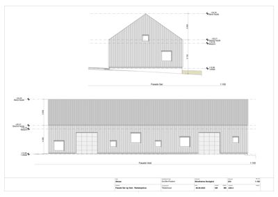 Tegning som viser fasadeopprikk for Sør- og Vest-siden av et redskaps- og redskapshus, med høydeangivelser og vindus-/døråpninger.