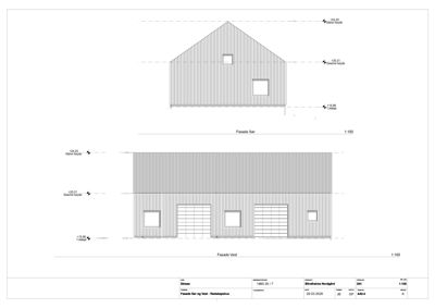 Fasadetegning som viser bygningens utseende fra sør og vest, inkludert vinduer, dører, takform og høydeangivelser.