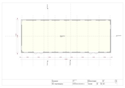 Etasjeplan (Plan 1) som viser romfordeling, dimensjoner og snittlinjer for en bygning.