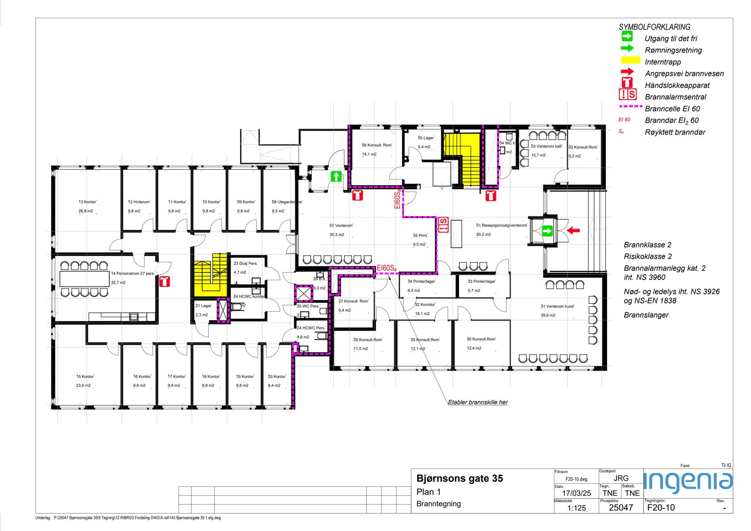 Brannplan (etasjeplan) som viser romfordeling, brannsikringstiltak og utrykningsveier.
