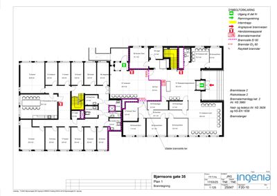 Brannplan (etasjeplan) som viser romfordeling, brannsikringstiltak og utrykningsveier.