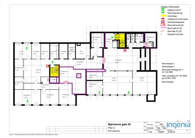 Brannplan (Plan U) for Bjørnsons gate 35 med romnummer, arealer og brannsikkerhetsutstyr.