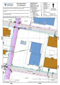 Situasjonskart som viser tomt, bygninger, vegnett og offentlige rammebetingelser for plan- og byggesaksbehandling.