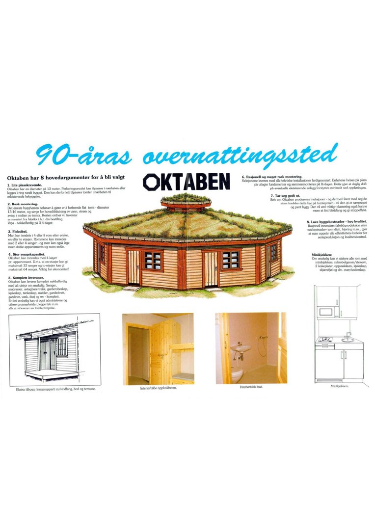 Bildet viser en illustrasjon av et 90-åras overnattingssted kalt 'OKTABEN', samt tre mindre fotografier av innvendige rom (soverom, bad og kjøkken).