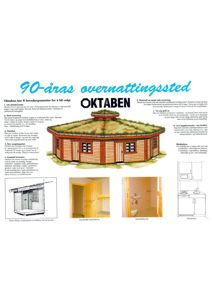 Bildet viser en illustrasjon av et 90-åras overnattingssted kalt 'OKTABEN', samt tre mindre fotografier av innvendige rom (soverom, bad og kjøkken).