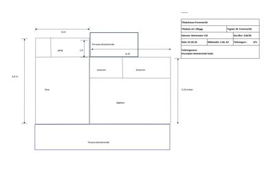 Etasjeplan (grunnplan) som viser romfordeling, mål og eksisterende terrasser for en hytte.
