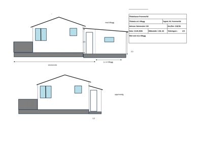 Fasadetegning som viser oppriss av en bygning sett fra siden (vest), med dimensjoner og forklaring på eksisterende deler versus tilbygg.