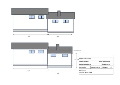 Fasadetegning som viser bygningens utseende fra fronten, med mål og takform.