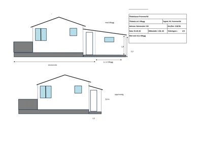 Fasadetegning som viser oppriss av en bygning med eksisterende del og et planlagt tilbygg, inkludert mål og vindusoppsett.