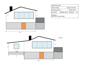 Fasadetegning som viser bygningens utseende fra fronten, inkludert vinduer, takform og en tilleggsbygning (tilbygg). Tegningen inneholder mål og fargekoding for ulike materialer.