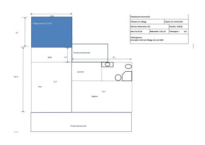 Etasjeplan (grunnplan) som viser romfordeling, dimensjoner og plassering av et nytt tilbygg.
