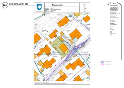 Situasjonsplan som viser tomtens beliggenhet i forhold til nabolaget, eiendomsgrenser og planlagt avkjøring.