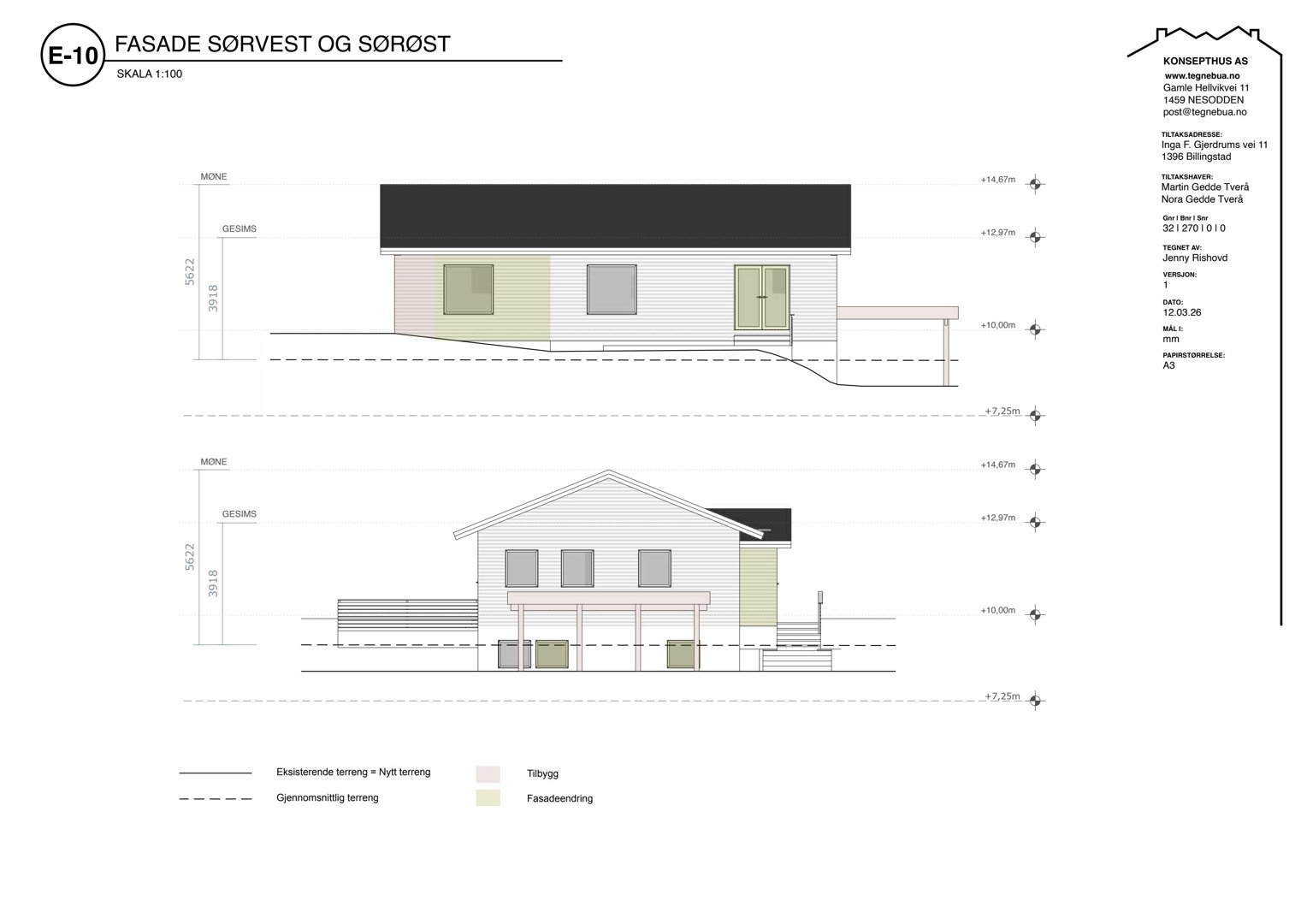 Fasadetegning som viser bygningens utseende sett fra sørvest og sørøst, inkludert høydemål og terrengforhold.
