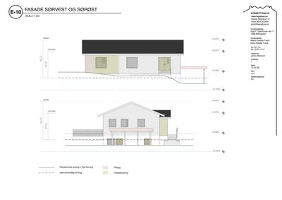 Fasadetegning som viser bygningens utseende sett fra sørvest og sørøst, inkludert høydemål og terrengforhold.