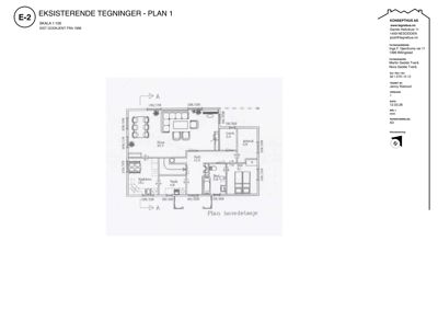 Etasjeplan (Plan 1) av en eksisterende bygning, som viser romfordeling og mål.