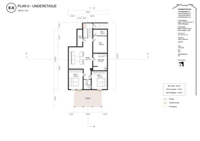 Etasjeplan for underetasjen av et hus, som viser romfordeling, mål og areal.